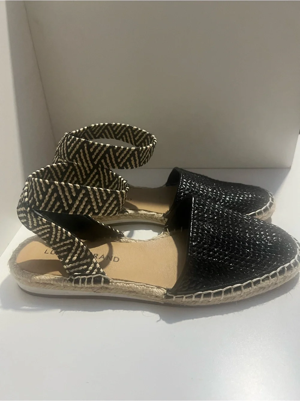 Lucky Brand Renka Black Leather Espadrille Ankle Strap Sandals Boho Chevron